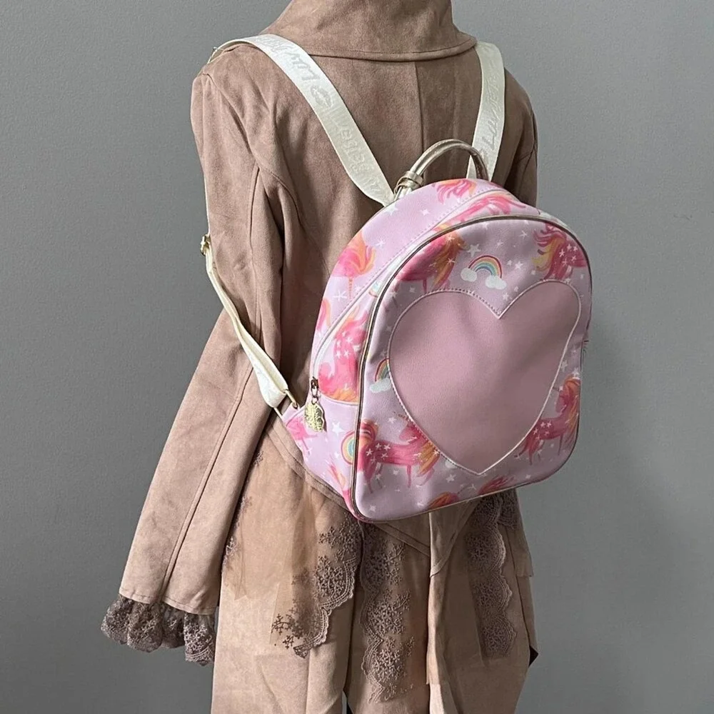 Betsey Johnson Pastel Rainbow Unicorn Heart Backpack Kidcore Kawaii Fairy Kei